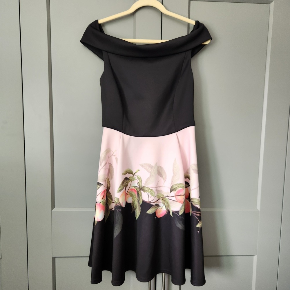 TED BAKER Peach Black Fruit US 8 TEKEYA Off Shoulder Fit Flare Dress Skater 3